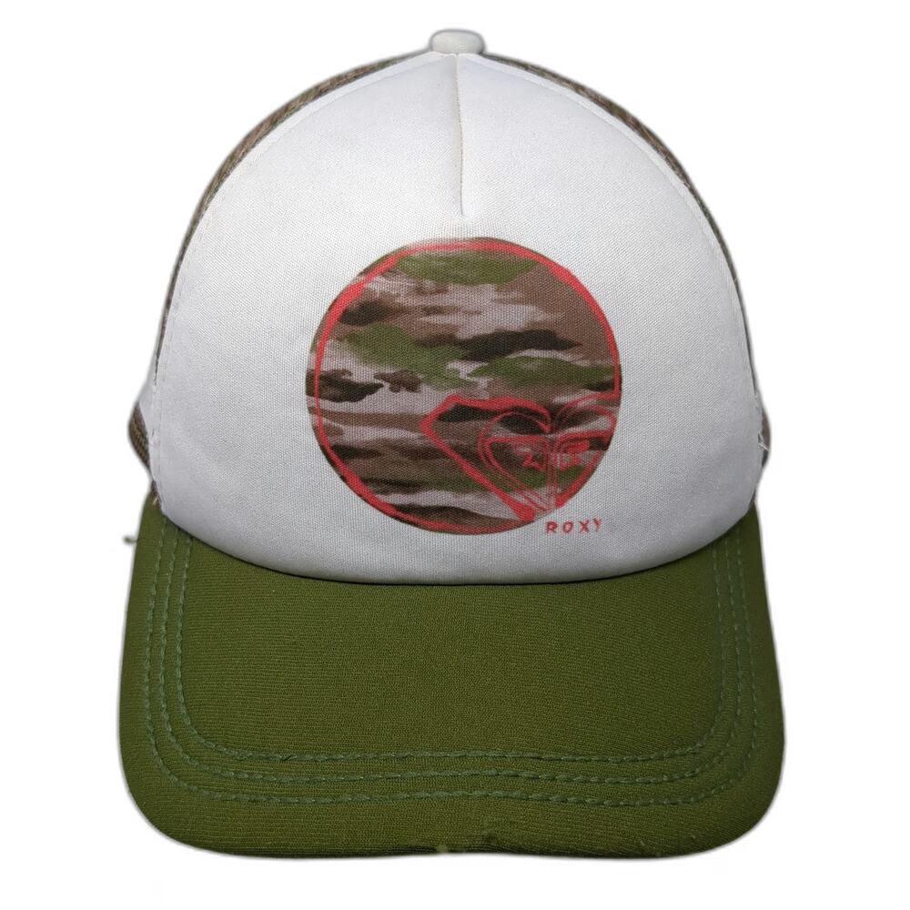 Roxy Trucker Hat White Green One Size Camo Mesh Snapback Logo Graphic Print